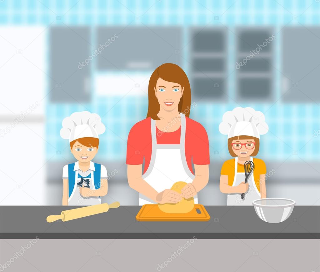 Mother with kids bake together at a kitchen