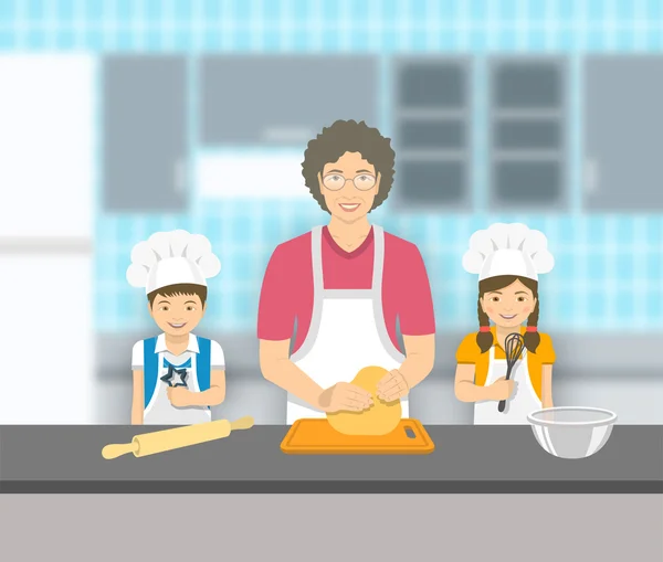 Abuela e hijos hornean juntos en una cocina — Vector de stock