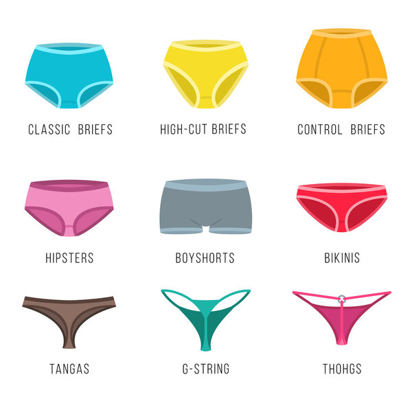Female underwear panties types flat vector icons