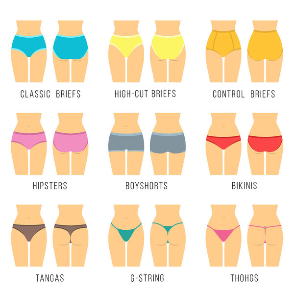 Female underwear panties types flat vector icons