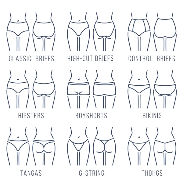 Vrouwelijke ondergoed slipje typen ding lijn vector iconen — Stockvector