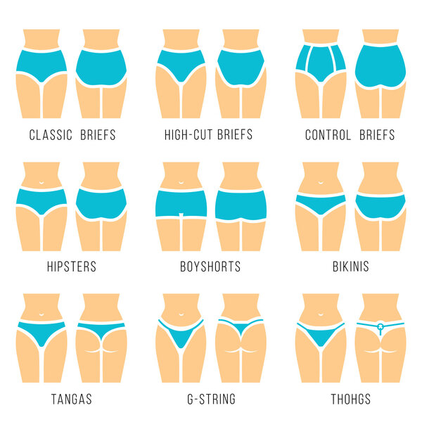 Female underwear panties types flat silhouettes vector icons