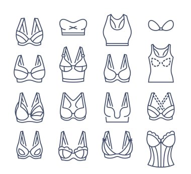 Sutyen tasarım vektör düz ince çizgi Icons set