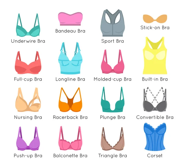 Bra design vector flat colorful icons set — Stock Vector