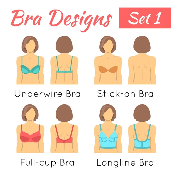 Bra designs on woman torso flat icons set — Stock Vector