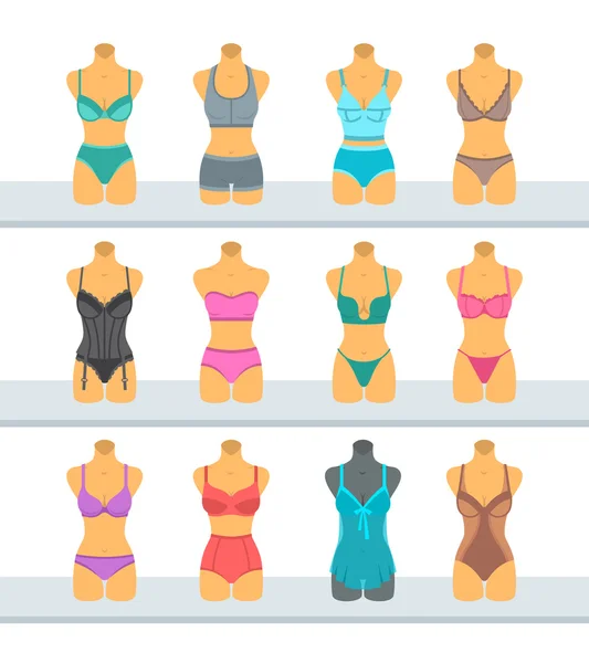 Maniquíes femeninos muestran la ilustración de estilo plano lencería — Vector de stock