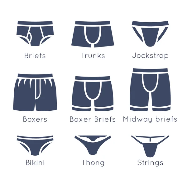 Mužské prádlo typy ploché siluety vektorové ikony nastavit — Stockový vektor