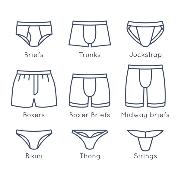 Tipos de ropa interior masculina plana delgada línea vector iconos conjunto — Archivo Imágenes Vectoriales
