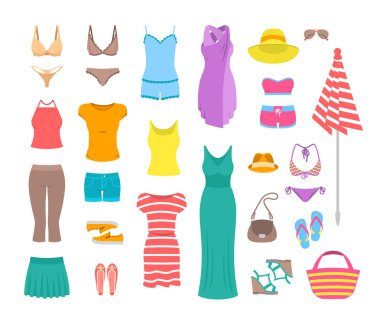 Kadınların gündelik yaz kıyafetleri ve aksesuarları düz simgeler