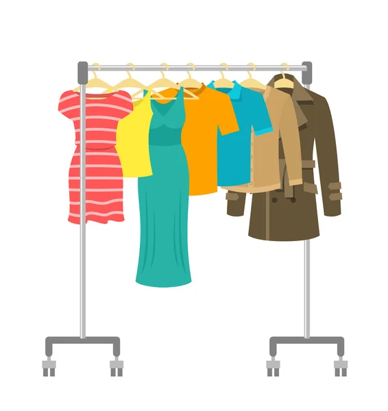 Portable rolling hanger rack with male and female clothes — Stock Vector