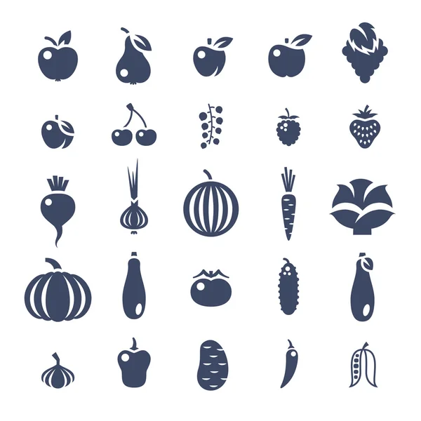 Farm fruits and vegetables flat silhouette vector icons set — Stock Vector