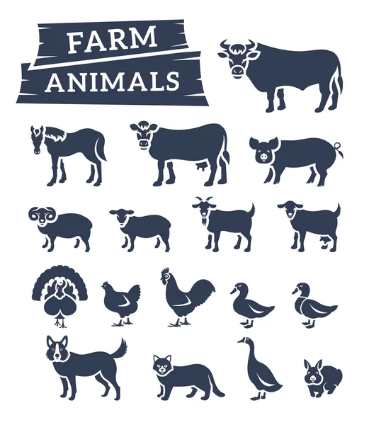 Animais domésticos de fazenda silhuetas planas ícones vetoriais — Vetor de Stock