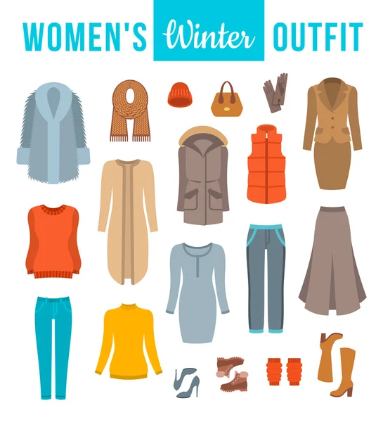 Mulheres roupas de inverno conjunto vetor plana ícones — Vetor de Stock