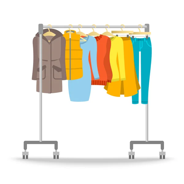 Hanger rack met warme vrouwen kleding winter collectie — Stockvector