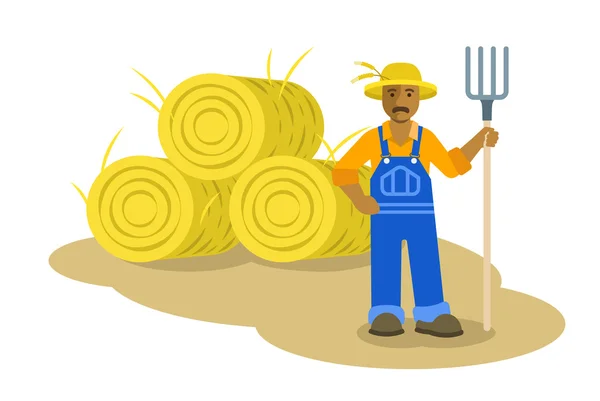 Agriculteur noir homme debout avec fourche — Image vectorielle