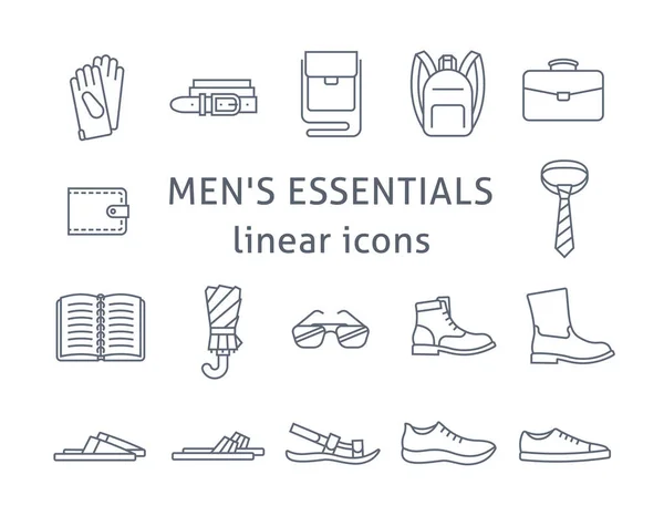 男性アクセサリーや靴フラットラインベクトルアイコン 男性の必需品のシンプルな線形シンボル オンラインショップの主なカテゴリ 概要インフォグラフィック要素 バッグ 個人的なもののシルエット — ストックベクタ