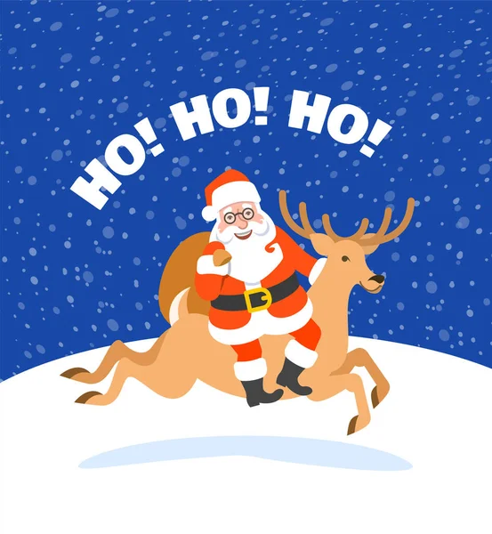 Санта Клаус Ездит Рождественском Олене Держит Сумку Подарками Иллюстрация Вектора — стоковый вектор