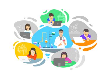 Sanal kimya sınıfı online okul mesafesinde telekonferans öğreniyor. Çocuklar evde oturup bilgisayardan Asyalı erkek öğretmen videosu izlerler. Coronavirus salgını sırasında uzaktan eğitim.