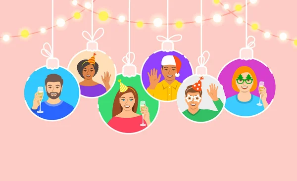 Ano Novo Festa Natal Banner Festivo Jovens Felizes Homens Mulheres —  Vetores de Stock