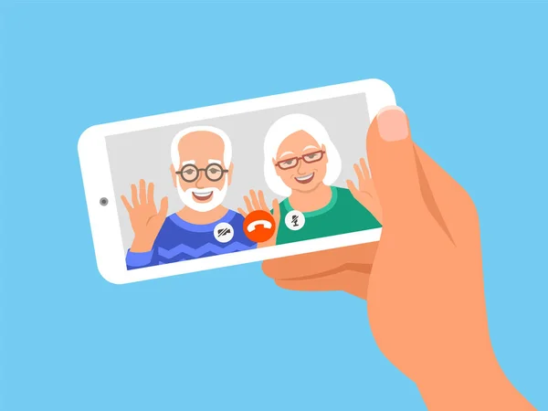 Family Online Video Call Smartphone Grandparents Grandfather Grandmother Say Virtually — Stock Vector