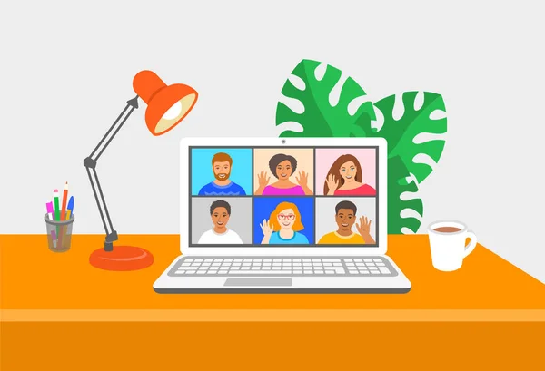 Friends Online Video Conference Computer Young People Chat Each Other — Stock Vector