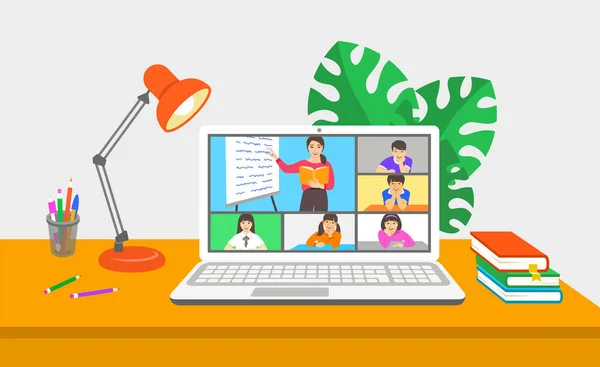 Virtuelle Online Fernstudienkonferenz Für Schulklassen Asiatische Kinder Bleiben Hause Und — Stockvektor