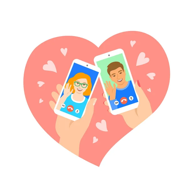 Daten Online Jong Stel Video Call Flat Concept Vind Liefde — Stockvector