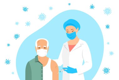 Female doctor or nurse gives shot of vaccine to shoulder of patient in hospital. Doctor using syringe to make injection to an old man in mask. Coronavirus vaccination concept. Flat vector illustration clipart
