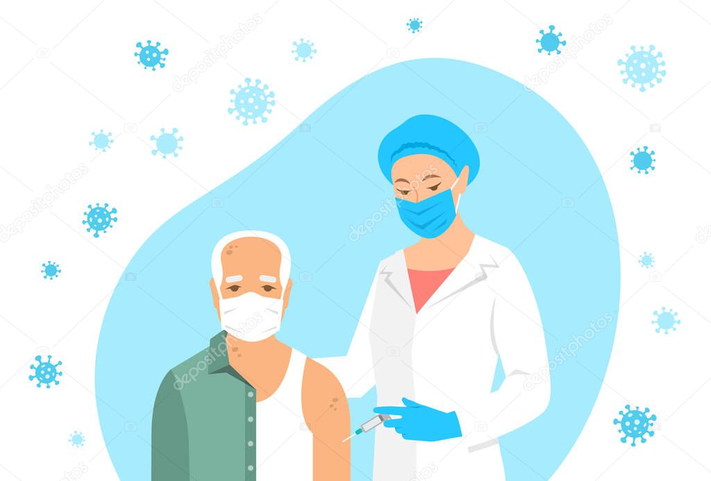 Female doctor or nurse gives shot of vaccine to shoulder of patient in hospital. Doctor using syringe to make injection to an old man in mask. Coronavirus vaccination concept. Flat vector illustration