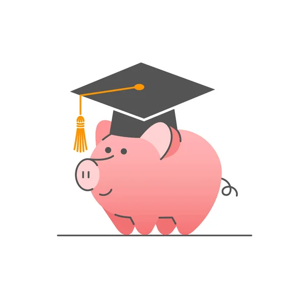 College Savings Flat Linear Vector Concept Cute Piggy Bank Bachelor — Stock Vector