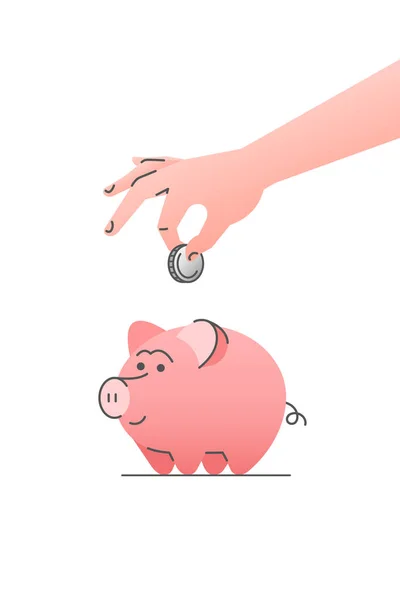 Bonito Banco Porquinho Com Mão Colocando Moeda Nele Desenho Animado — Vetor de Stock