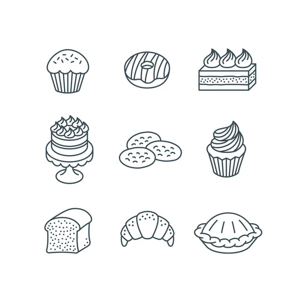 Разные Кондитерские Изделия Сладкий Десерт Простые Линейные Иконки Кекса Пончика — стоковый вектор