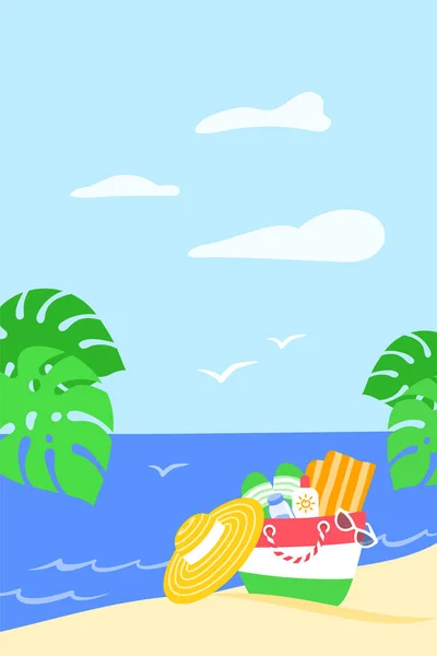 Вертикальний Банер Літніх Канікул Літня Сумка Пляжними Речами Піску Пальмовому — стоковий вектор