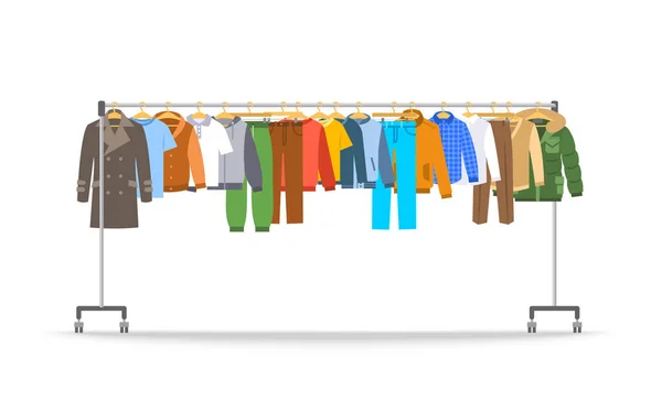 Ανδρικά Ρούχα Μακριά Κυλιόμενη Κρεμάστρα Πολλά Διαφορετικά Ανδρικά Ενδύματα Κρέμονται — Διανυσματικό Αρχείο