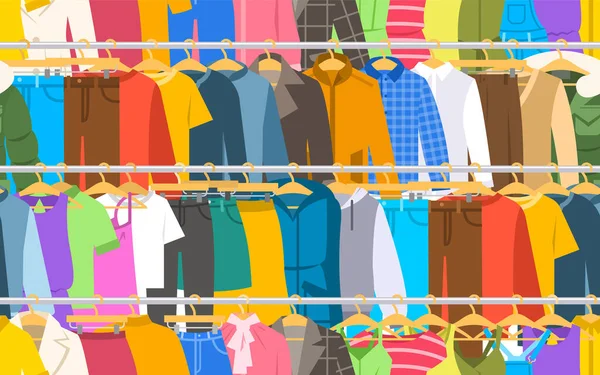 長いハンガーラックシームレスパターン上の男性と女性の服 店内のハンガースタンドには様々な衣類が吊るされている フラット漫画ベクトルの背景 — ストックベクタ