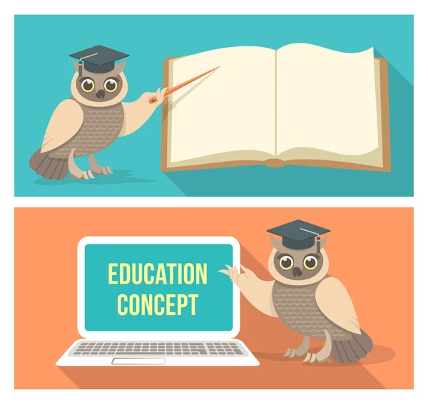 Owl Bijaksana dengan Buku dan Laptop - Stok Vektor