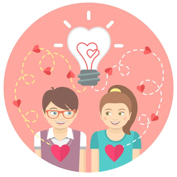 Couple in love with a light bulb in a pink circle — Stock Vector