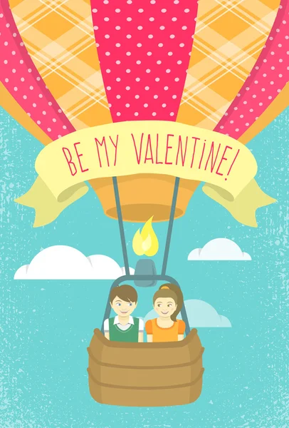 Garçon et fille en amour dans une montgolfière — Image vectorielle