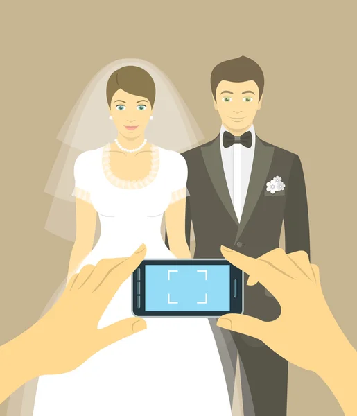 Wedding photo of bride and groom by mobile phone — Stock Vector