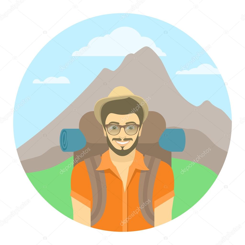 Young man tourist with a backpack on a background of mountains