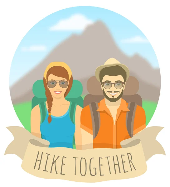 Couple de jeunes touristes filles et garçons avec sacs à dos sur paysage de montagne — Image vectorielle