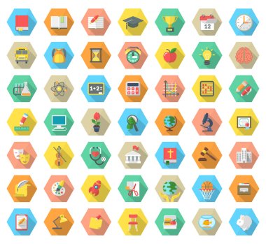 Flat Hexagonal School Subjects Icons with Long Shadows