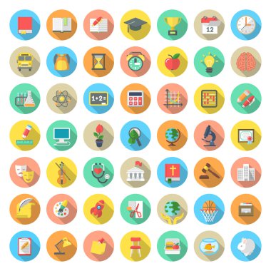 düz yuvarlak okul konular simgeler uzun gölgeler ile