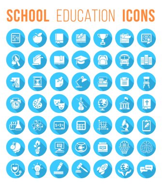 Round Flat White School Icons Silhouettes with long shadows clipart