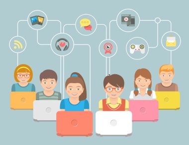 Kids with Computers and Social Media Icons Conceptual Flat Illustration clipart