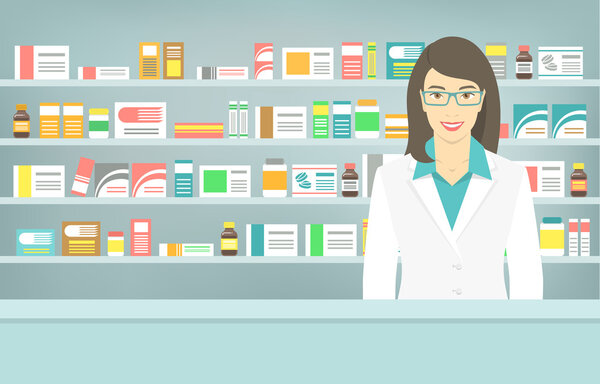 Flat style young pharmacist at pharmacy opposite shelves of medicines