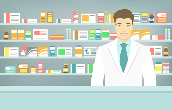 Estilo plano joven farmacéutico en farmacia frente a los estantes de los medicamentos — Vector de stock