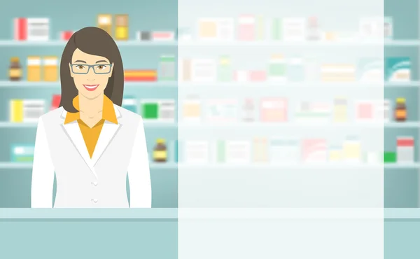 Estilo plano joven farmacéutico en farmacia frente a los estantes de los medicamentos — Archivo Imágenes Vectoriales