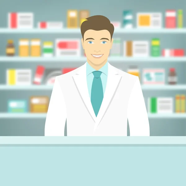 Flat style young pharmacist at pharmacy opposite shelves of medicines — Stock Vector