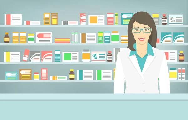 Молодой фармацевт в плоском стиле в аптеке напротив полок с лекарствами Векторная Графика